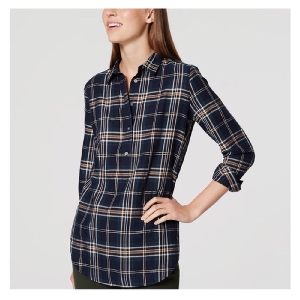 LOFT Shimmer Plaid Tunic Softened Shirt